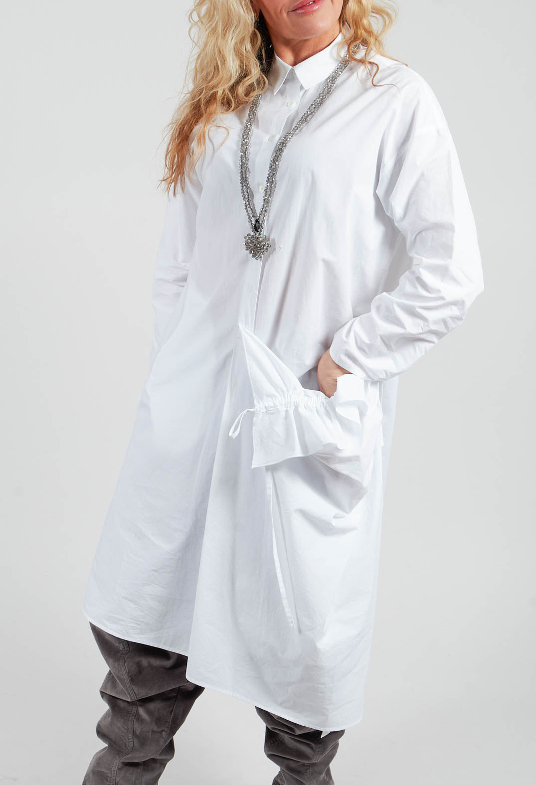 Long Shirt with Ruffles in White
