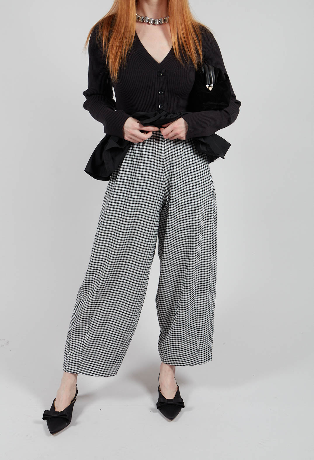 Wide Leg Checked Trouser in Black and White