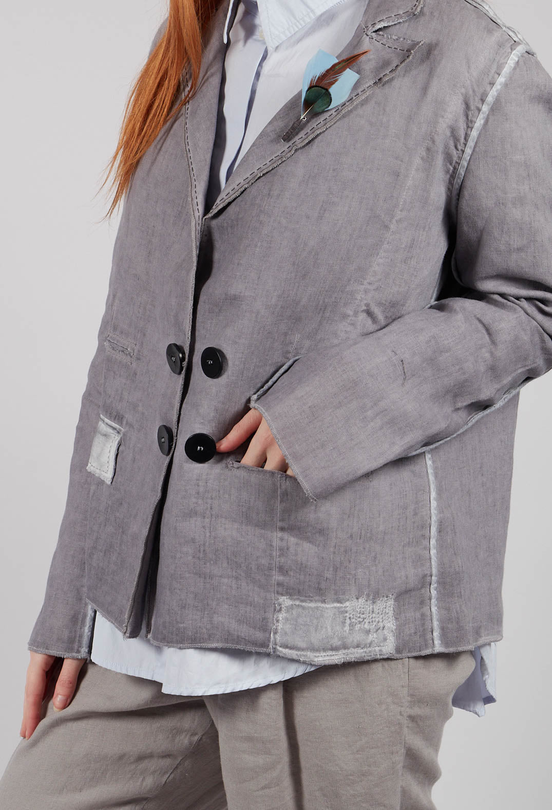 Feather Brooch Jacket in Silver Gray