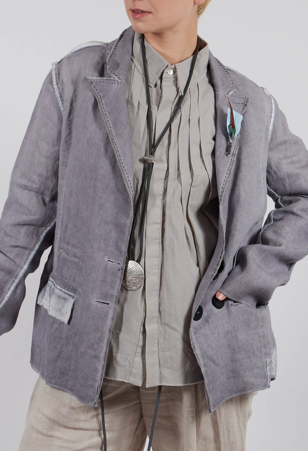 Feather Brooch Jacket in Silver Gray