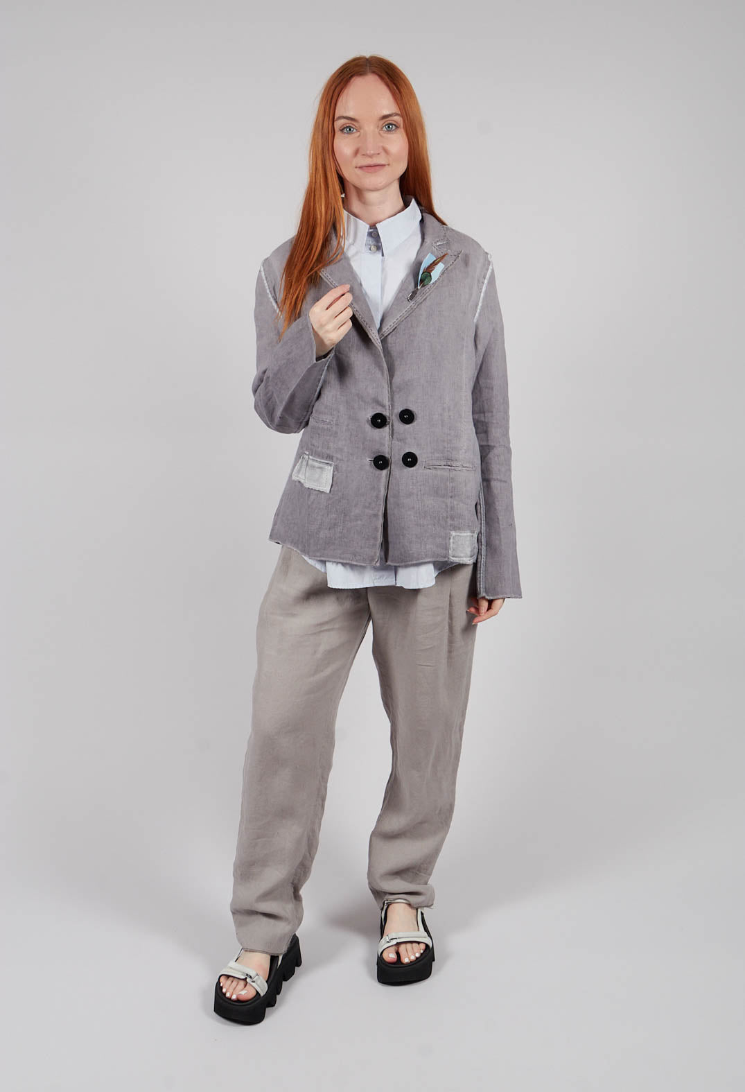 Feather Brooch Jacket in Silver Gray