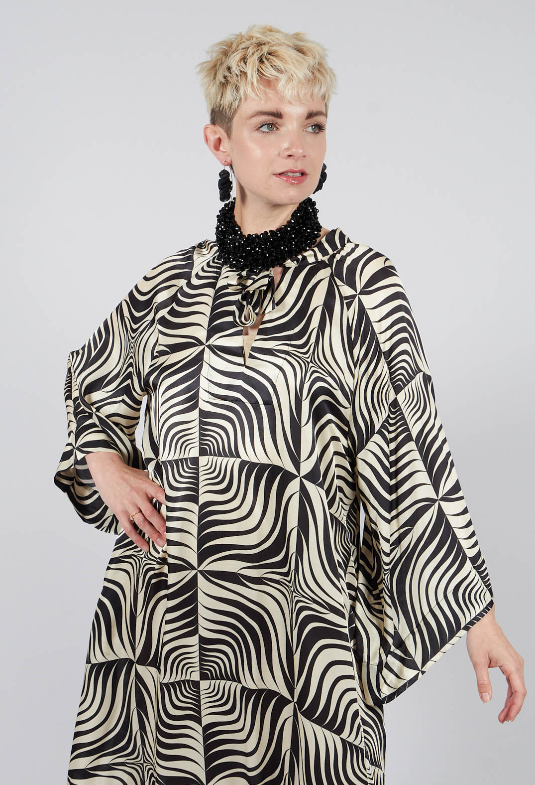 Egle Silk and Satin Kaftan Dress in Black
