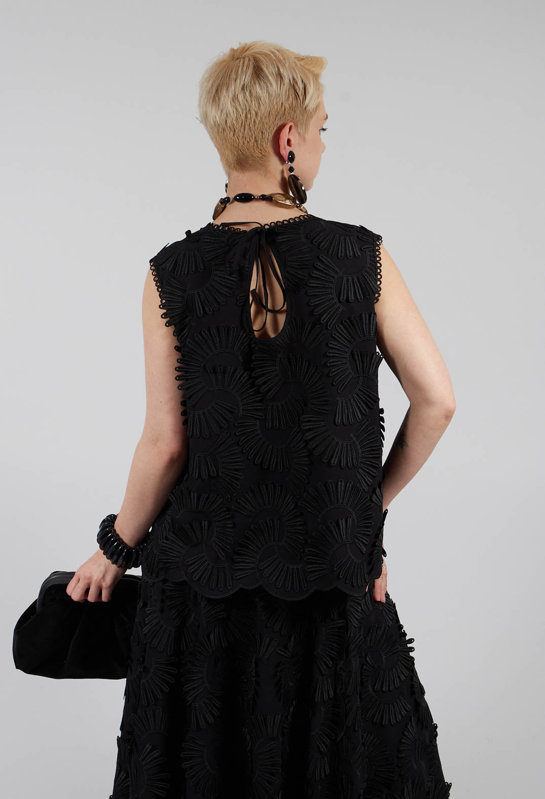 Nova Cotton Top with Embossed Flowers in Black