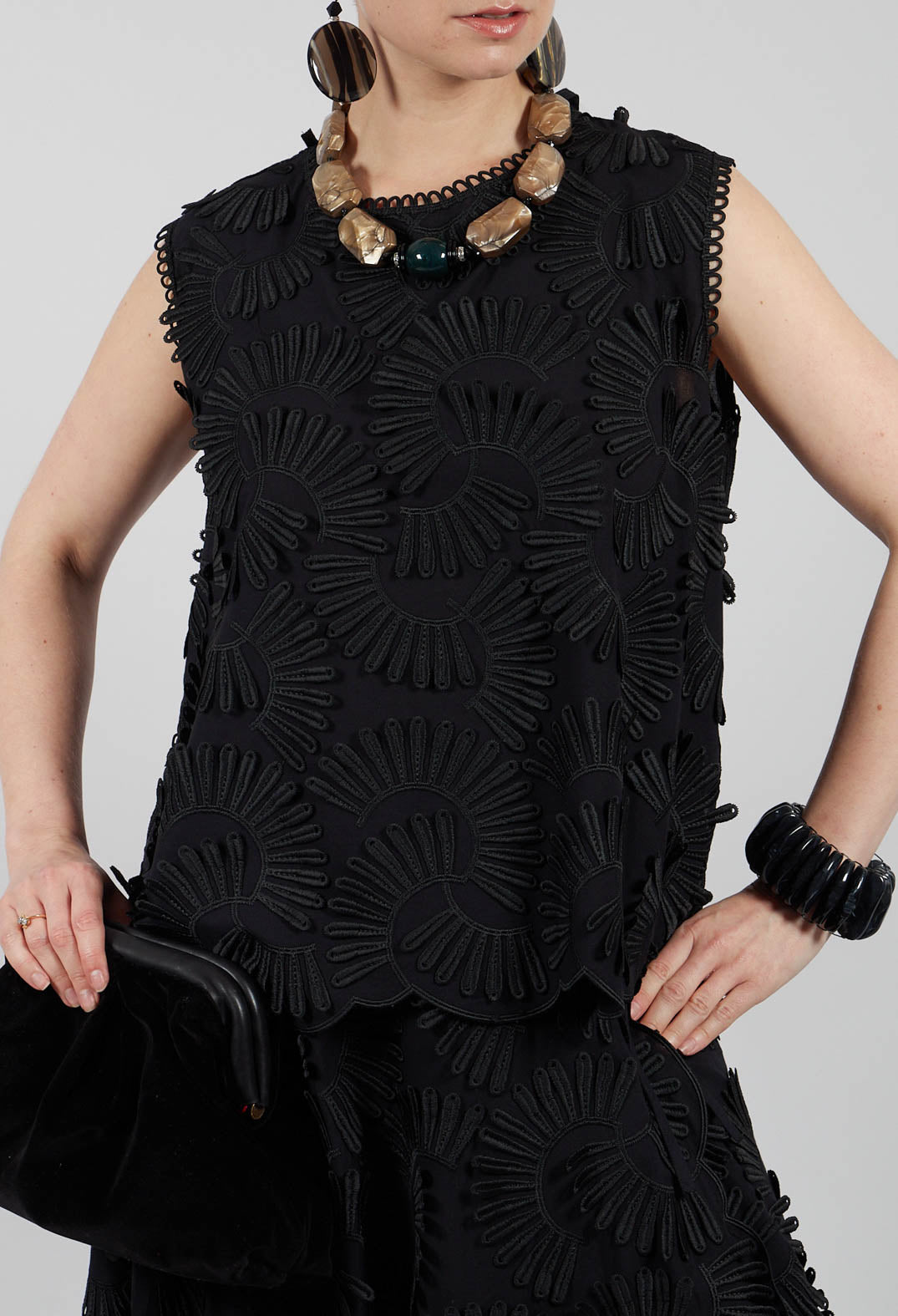 Nova Cotton Top with Embossed Flowers in Black