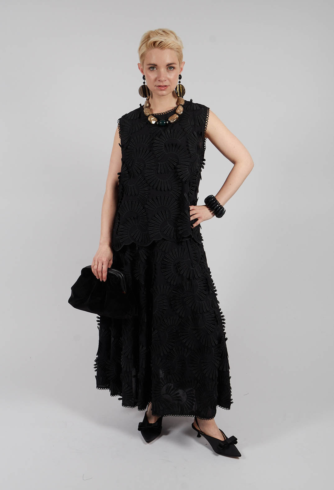 Nova Cotton Top with Embossed Flowers in Black