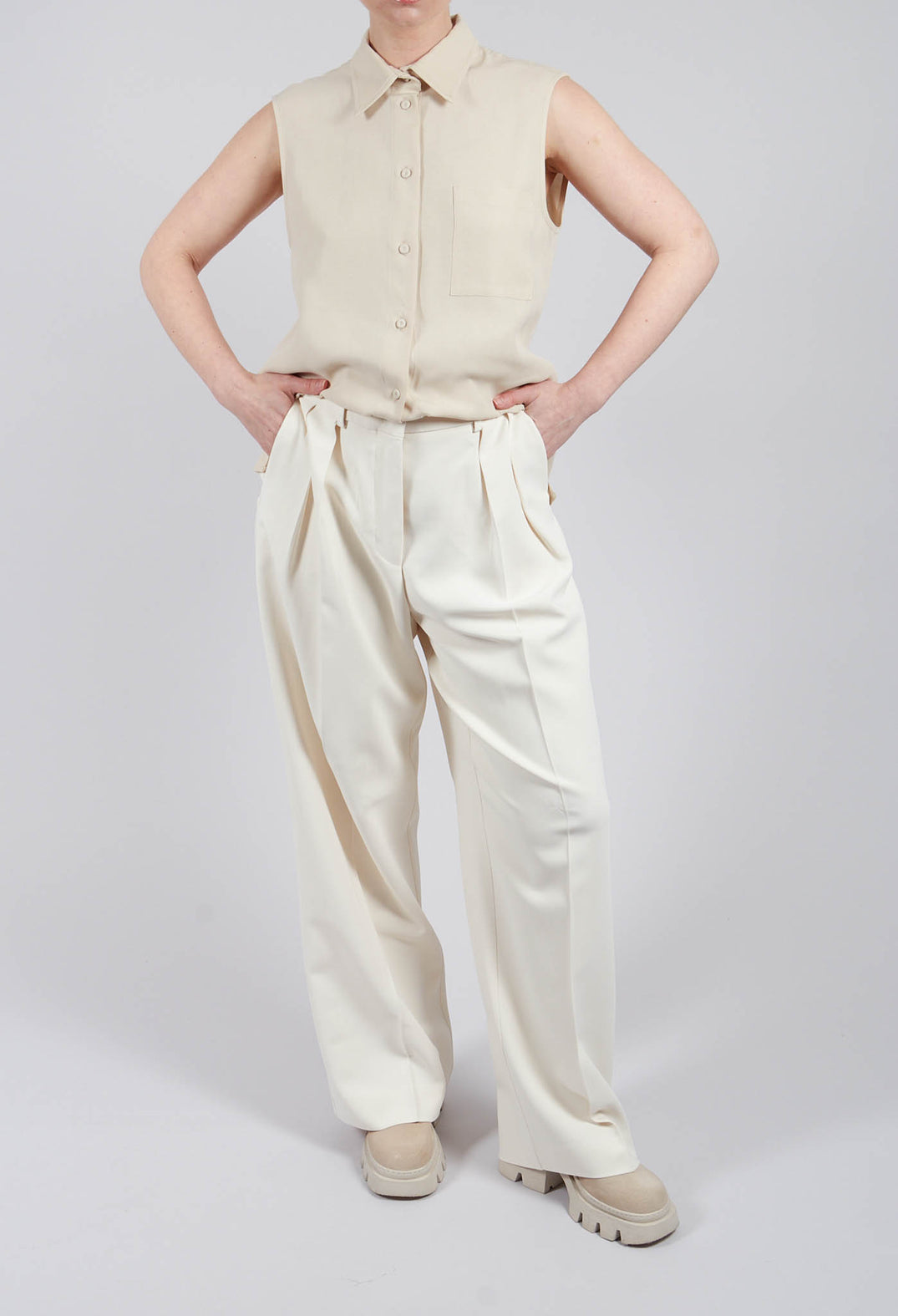 Mira Wide Leg Trousers with Pleats in Sea Salt