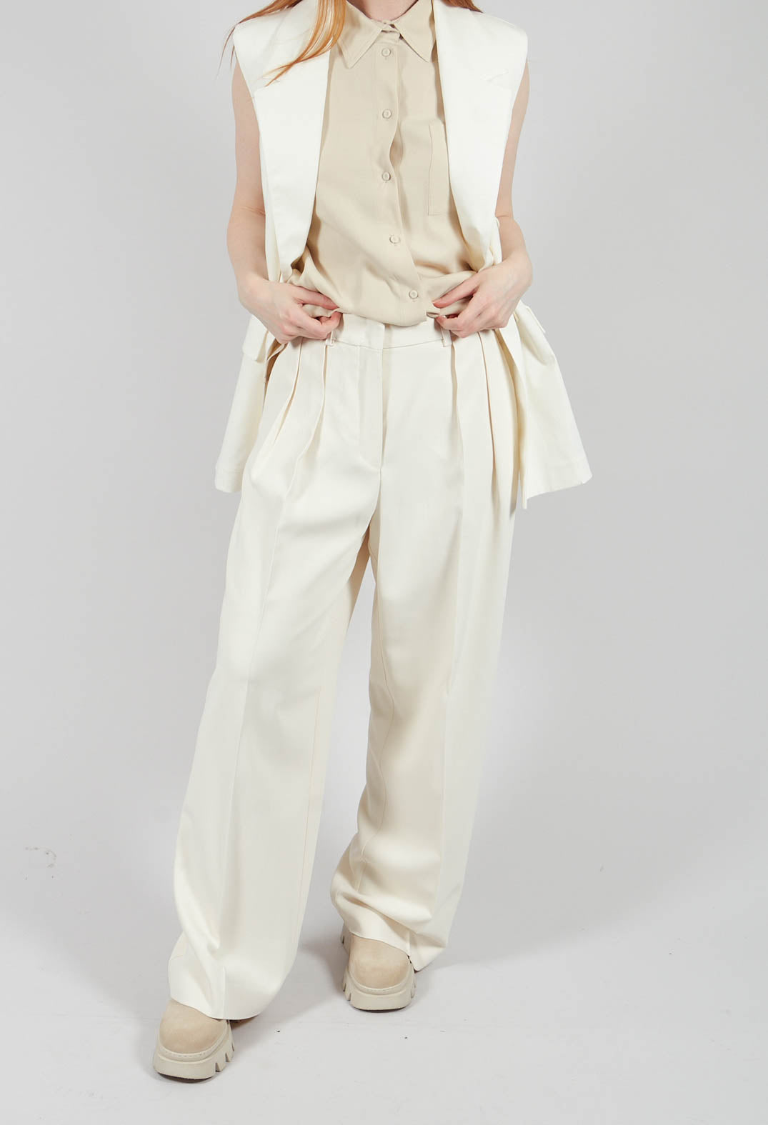 Mira Wide Leg Trousers with Pleats in Sea Salt