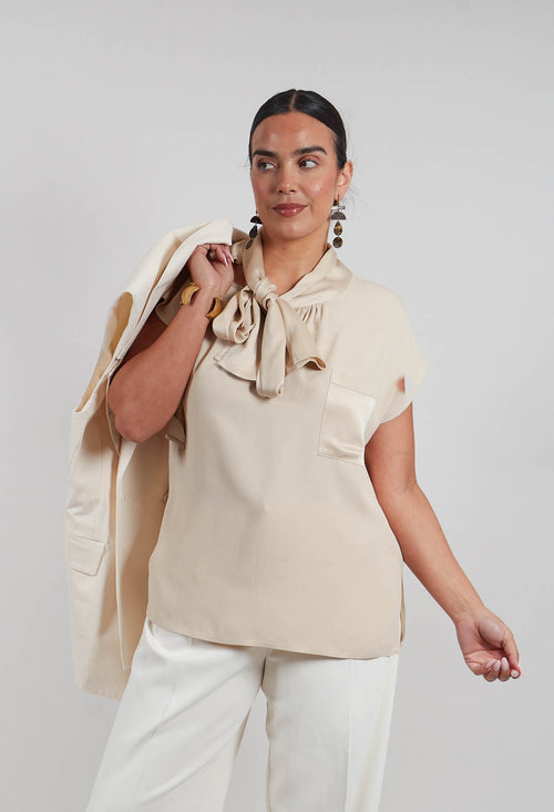 Aura Satin Asymmetrical Blouse in Sea Salt