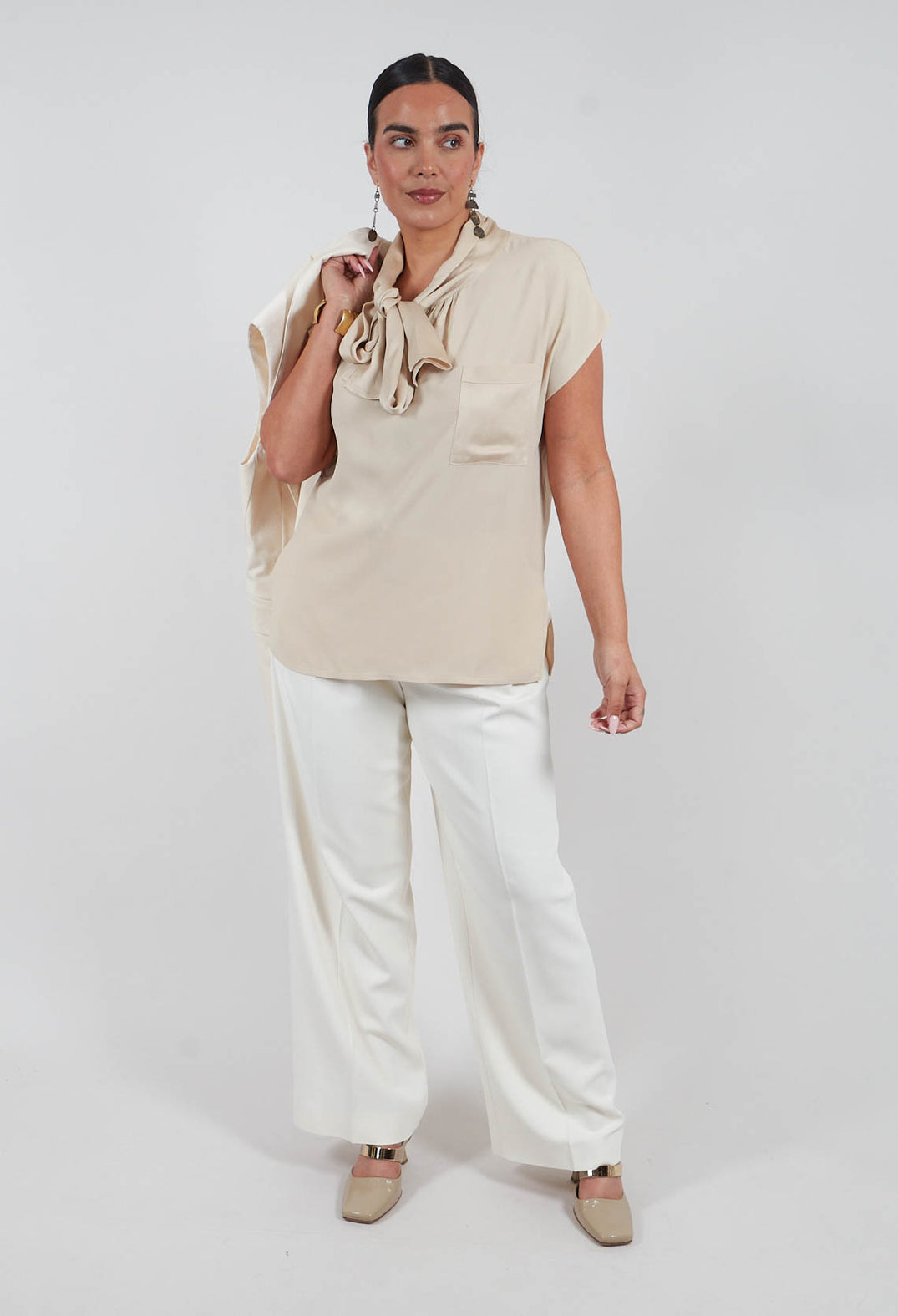 Aura Satin Asymmetrical Blouse in Sea Salt