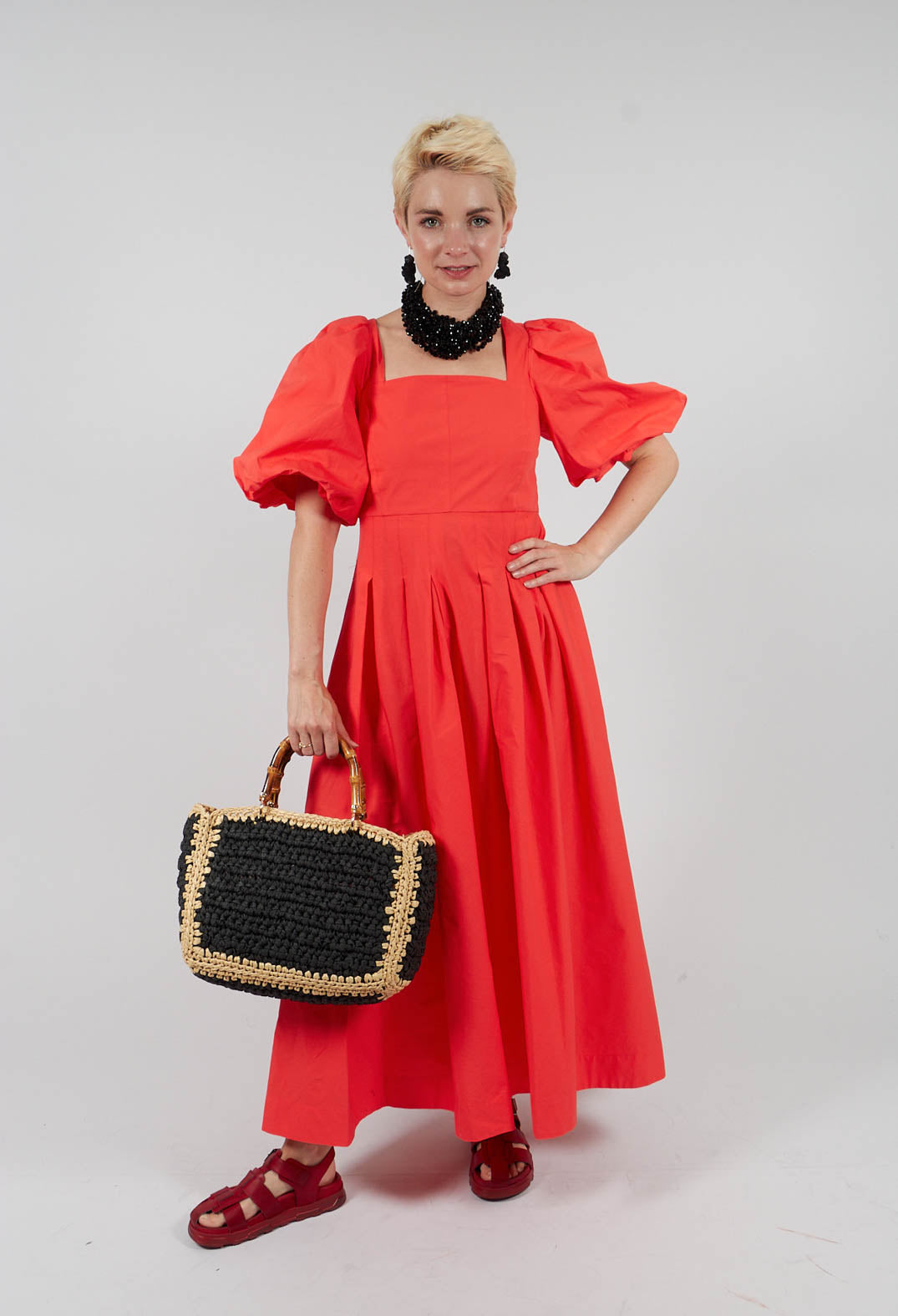 Cotton Poplin Pleated Dress in Lobster Red