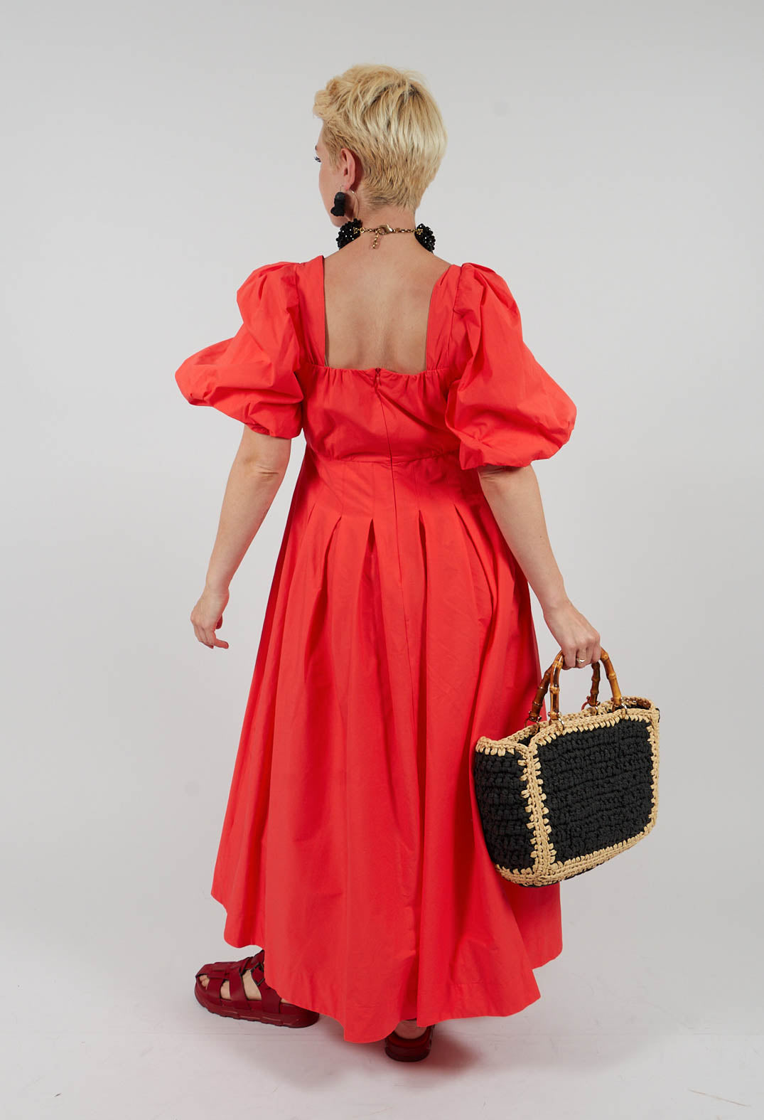 Cotton Poplin Pleated Dress in Lobster Red