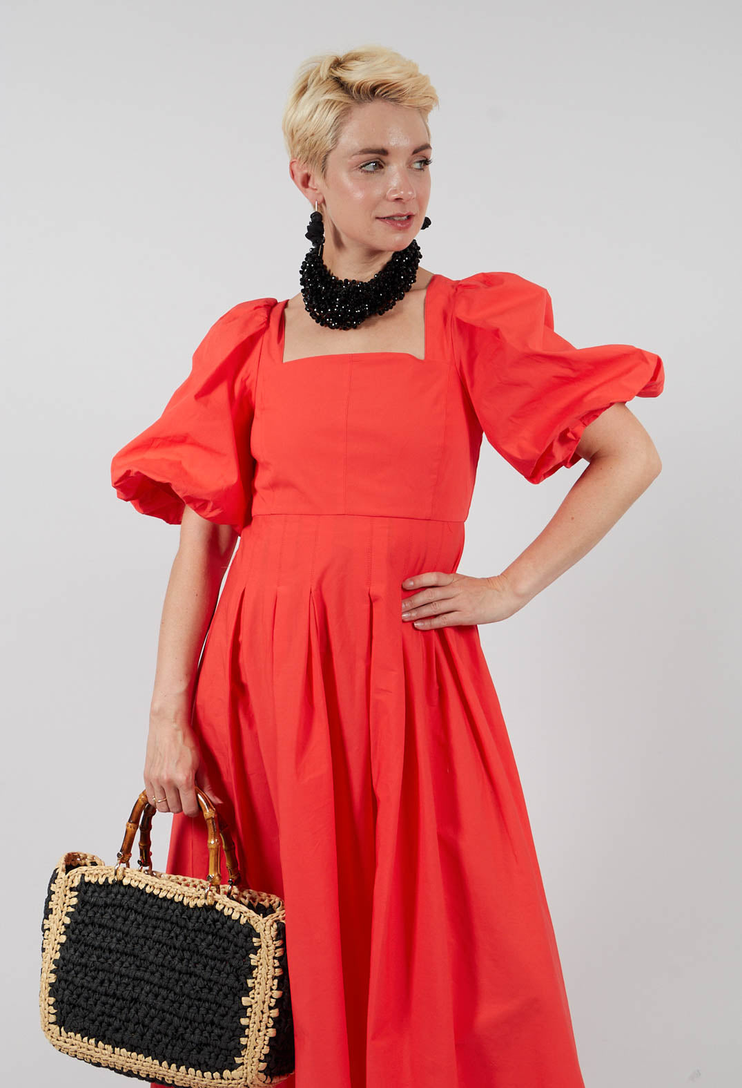 Cotton Poplin Pleated Dress in Lobster Red