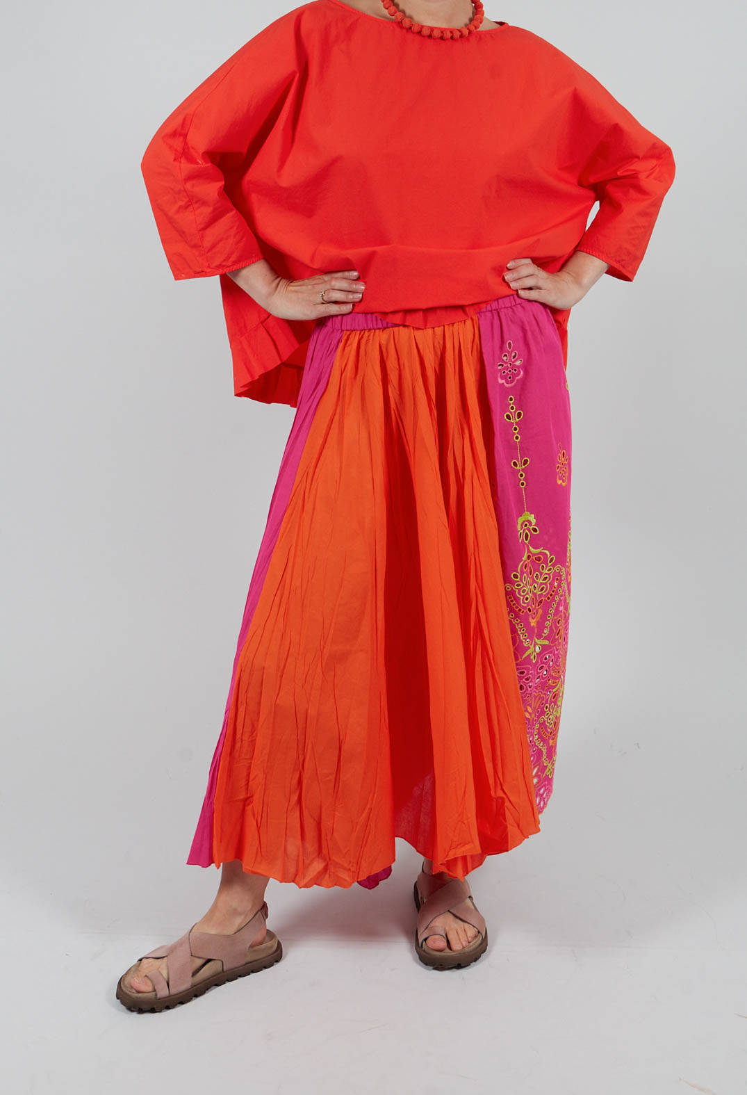 Pleated Skirt with Sangallo Embroidery in Party Punch