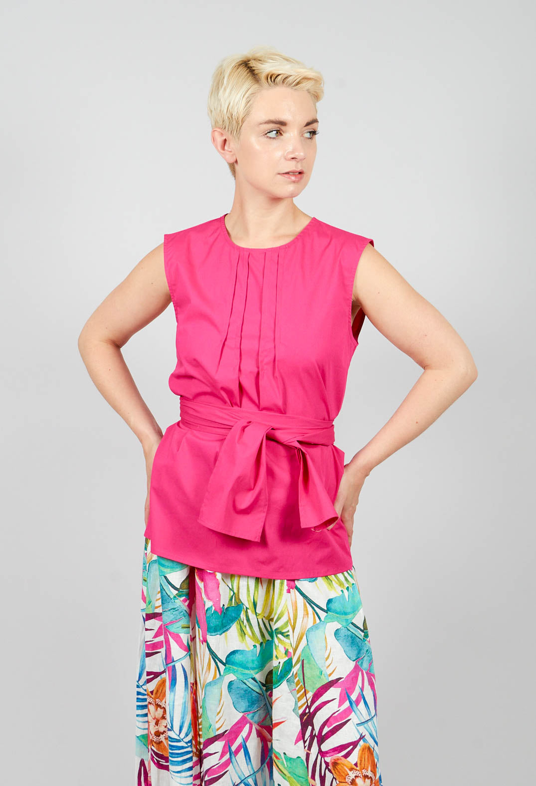 Cotton Poplin Top with Belt in Party Punch