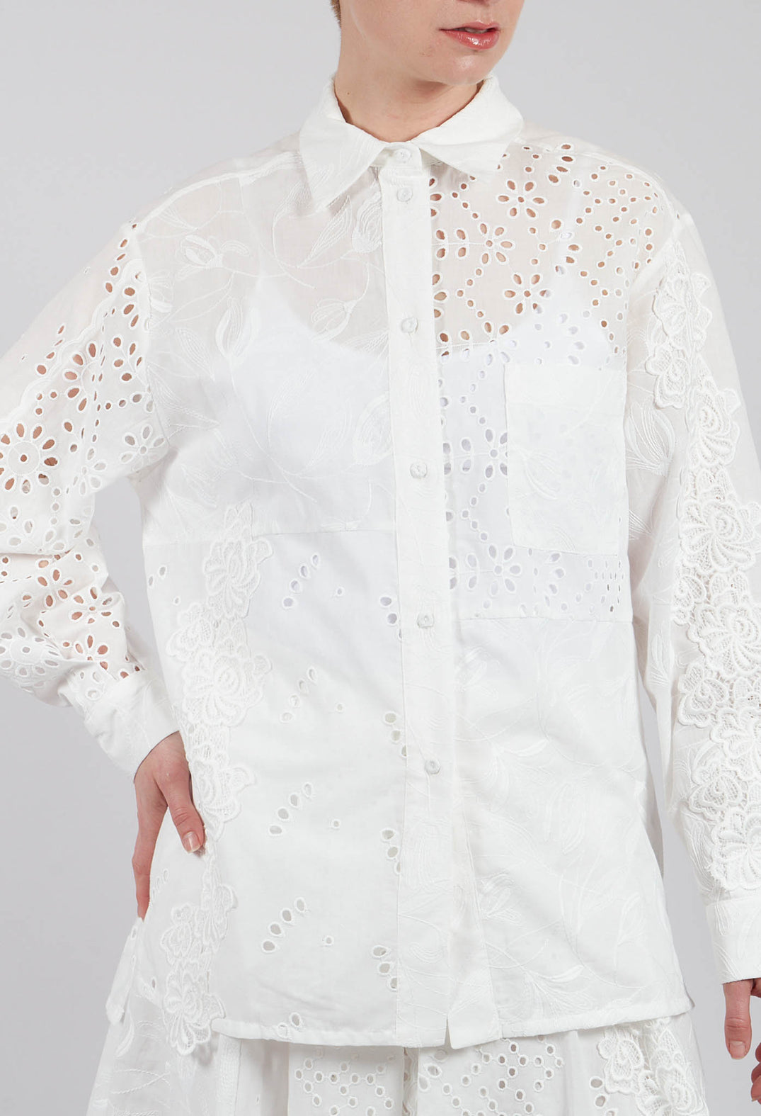 Patchwork Sangallo Embroidery Shirt in White