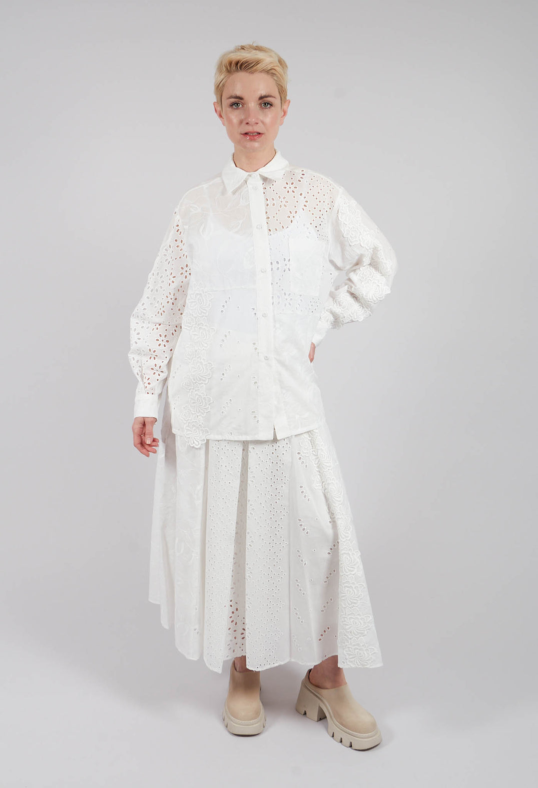 Patchwork Sangallo Embroidery Shirt in White
