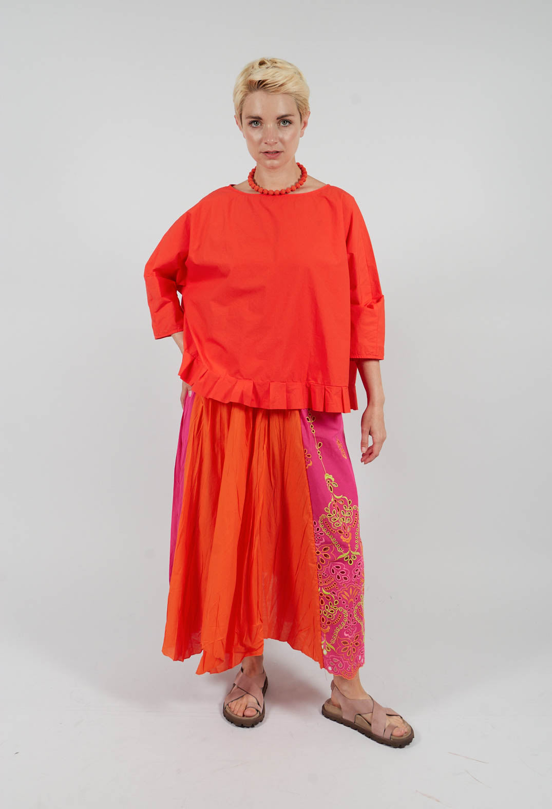 Pleated Skirt with Sangallo Embroidery in Party Punch
