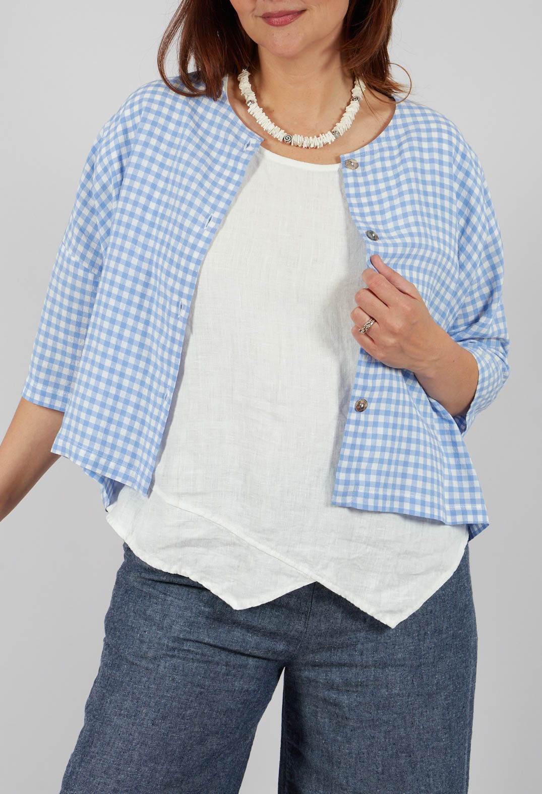 Button Through Check Blouse in Sky