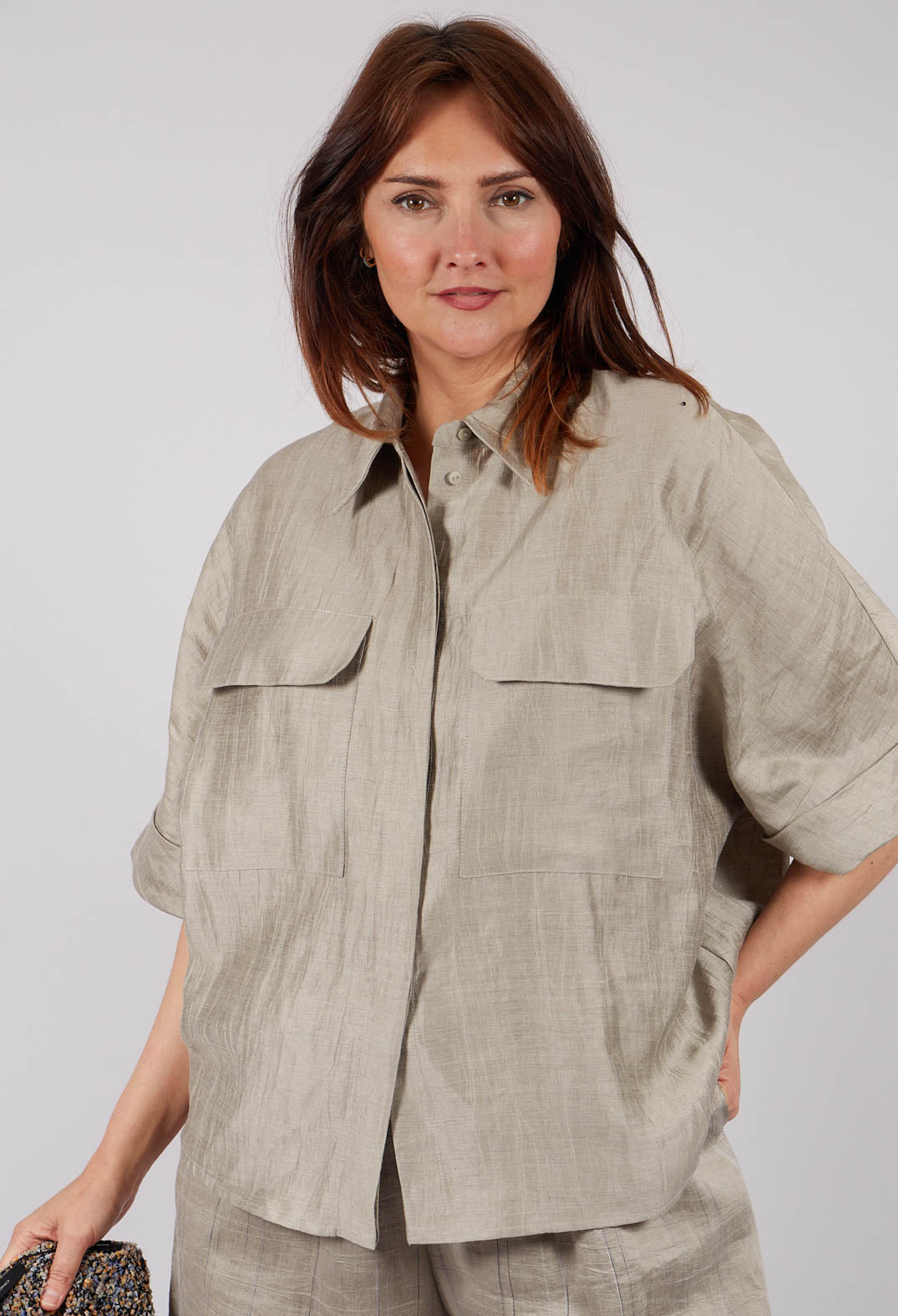 Linen Blend Shirt with Large Pockets in Naturale