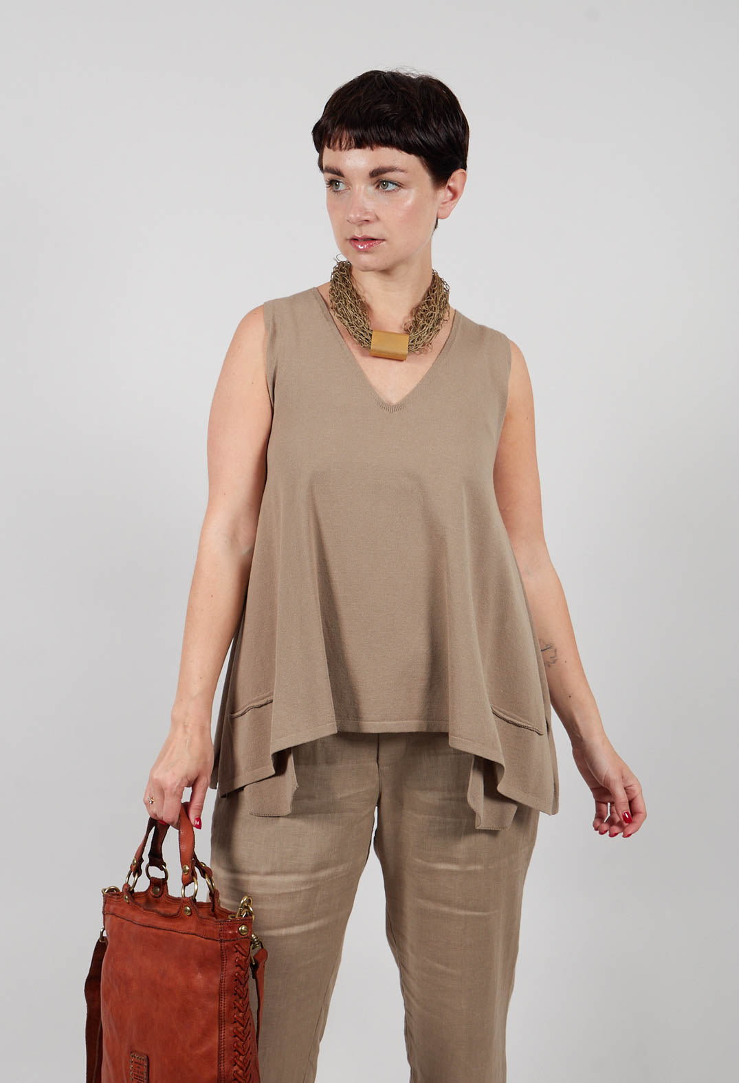 V Neck Vest in Taupe