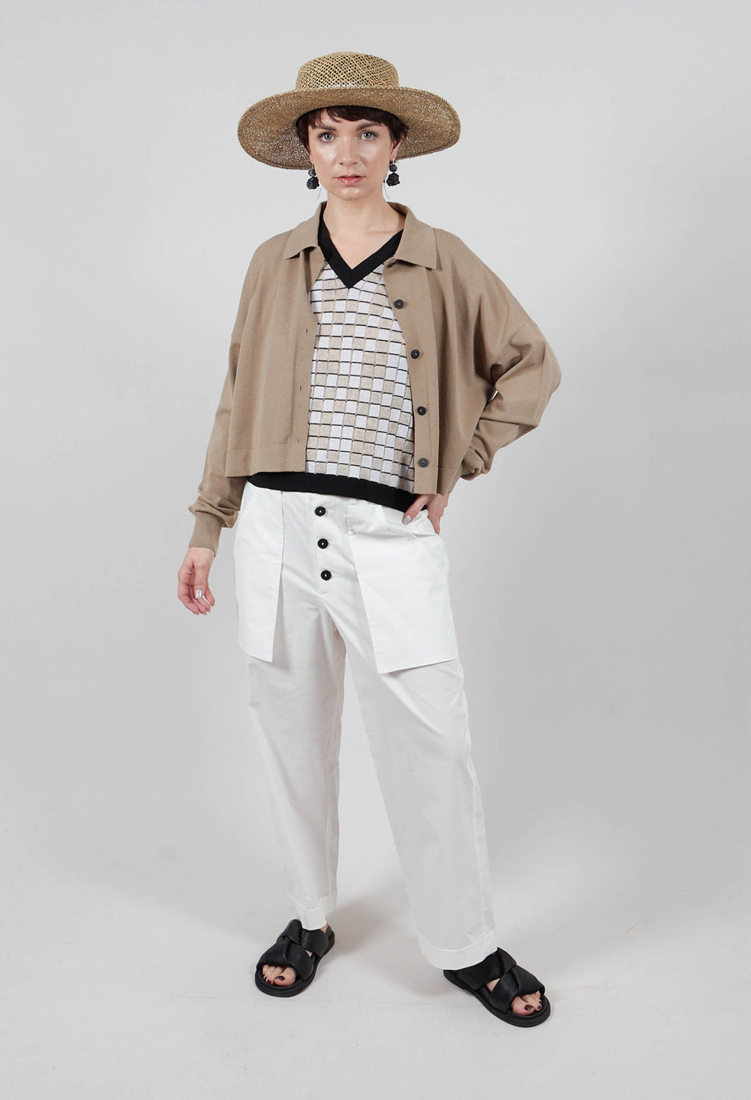 V Neck Check Vest in White