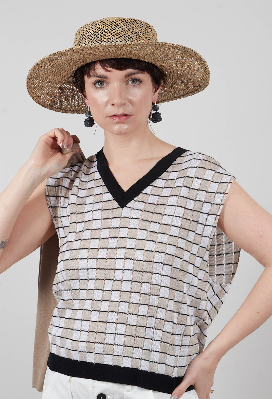 V Neck Check Vest in White