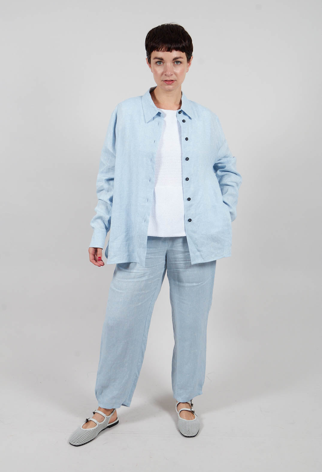 Sarah Pacini Metallic Trousers in Light Blue - Olivia May