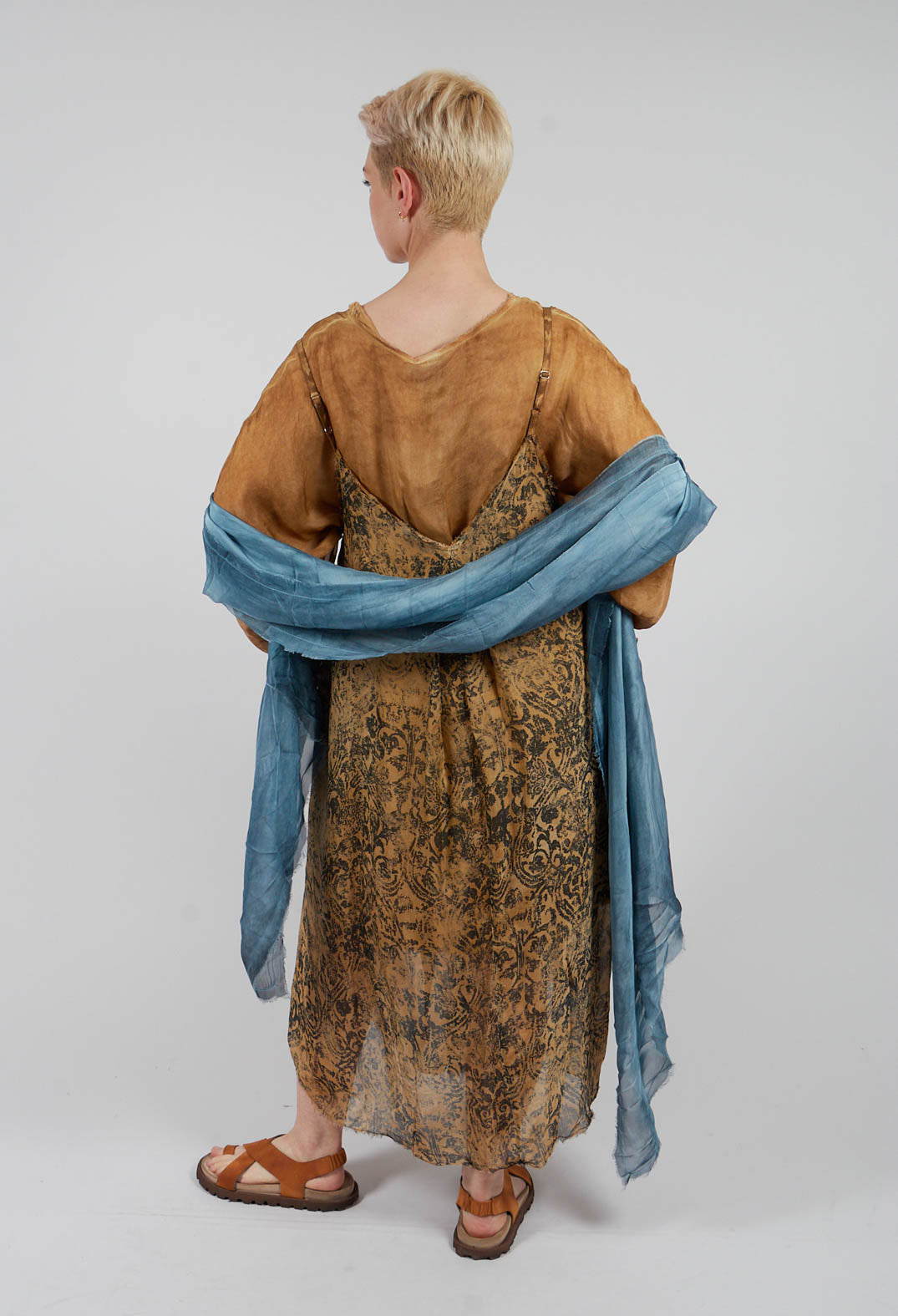 Long Dress with Asymmetric Hem in Bronze Honey Print