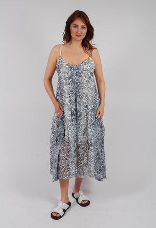 Long Dress with Asymmetric Hem in Antique White Print