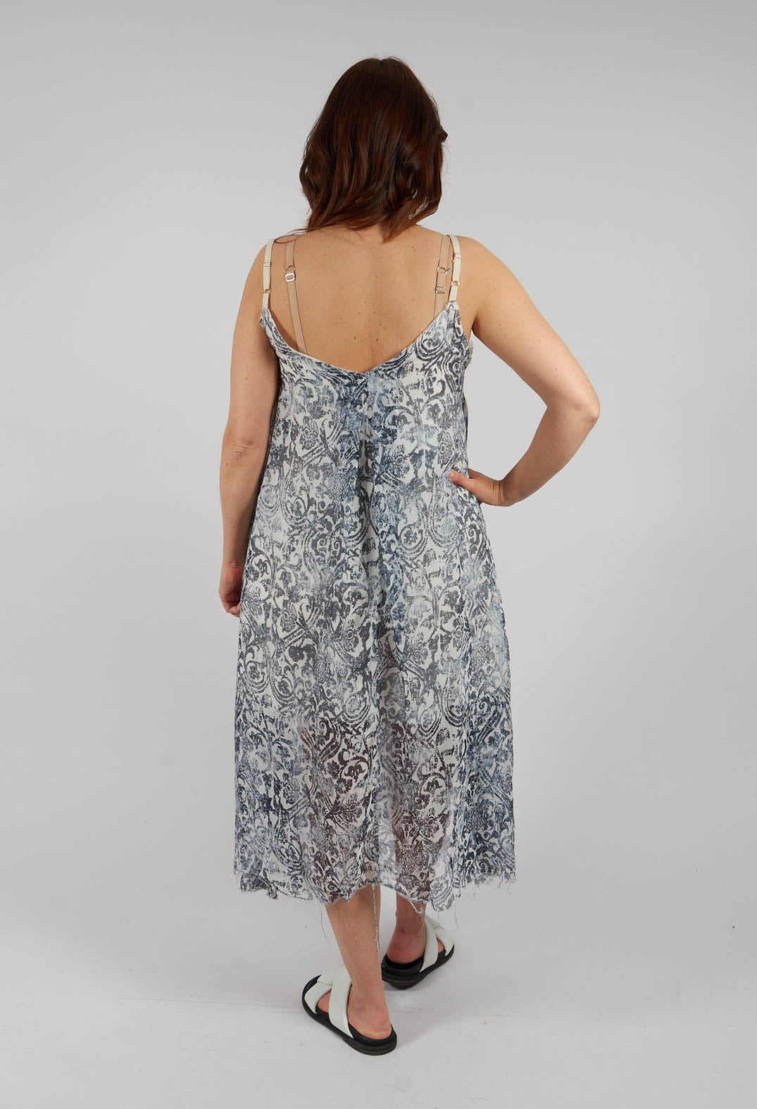 Long Dress with Asymmetric Hem in Antique White Print