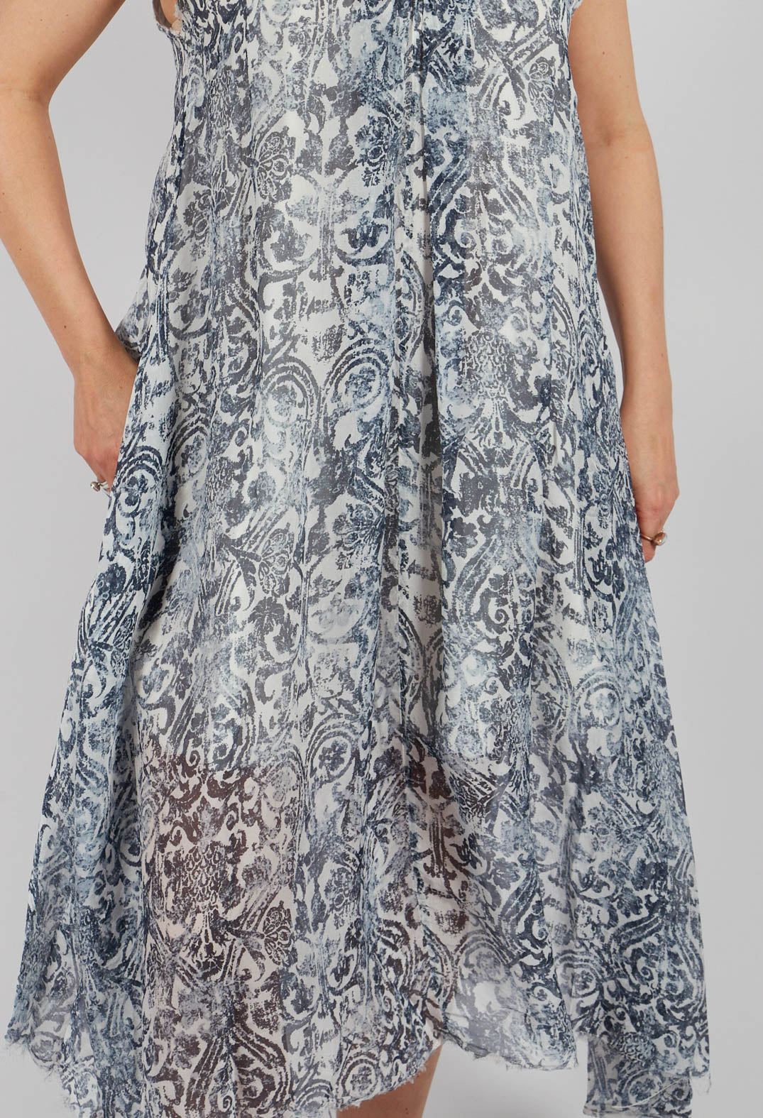 Long Dress with Asymmetric Hem in Antique White Print