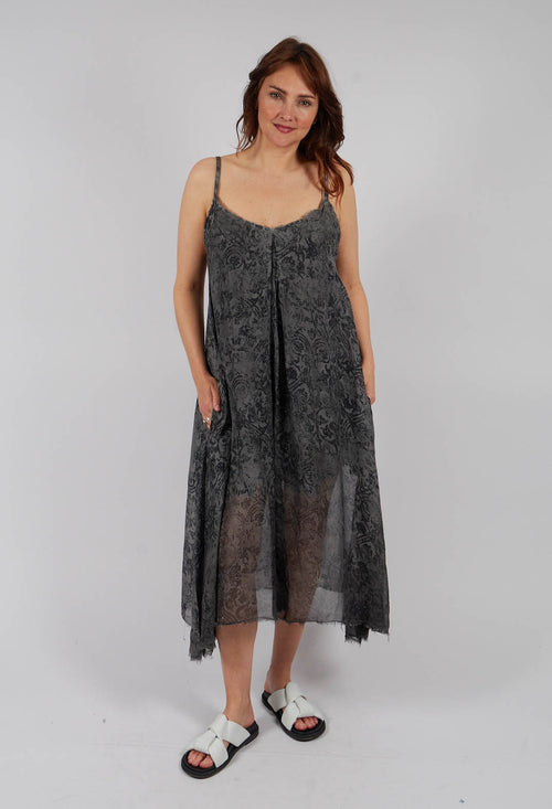 Long Dress with Asymmetric Hem in Anthracite Print
