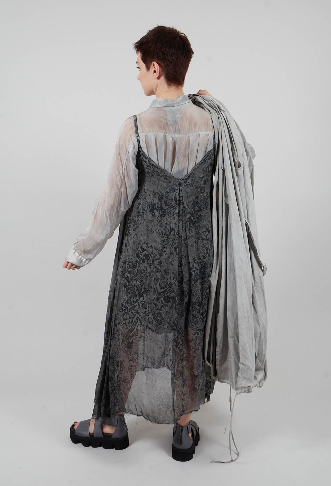 Long Dress with Asymmetric Hem in Anthracite Print