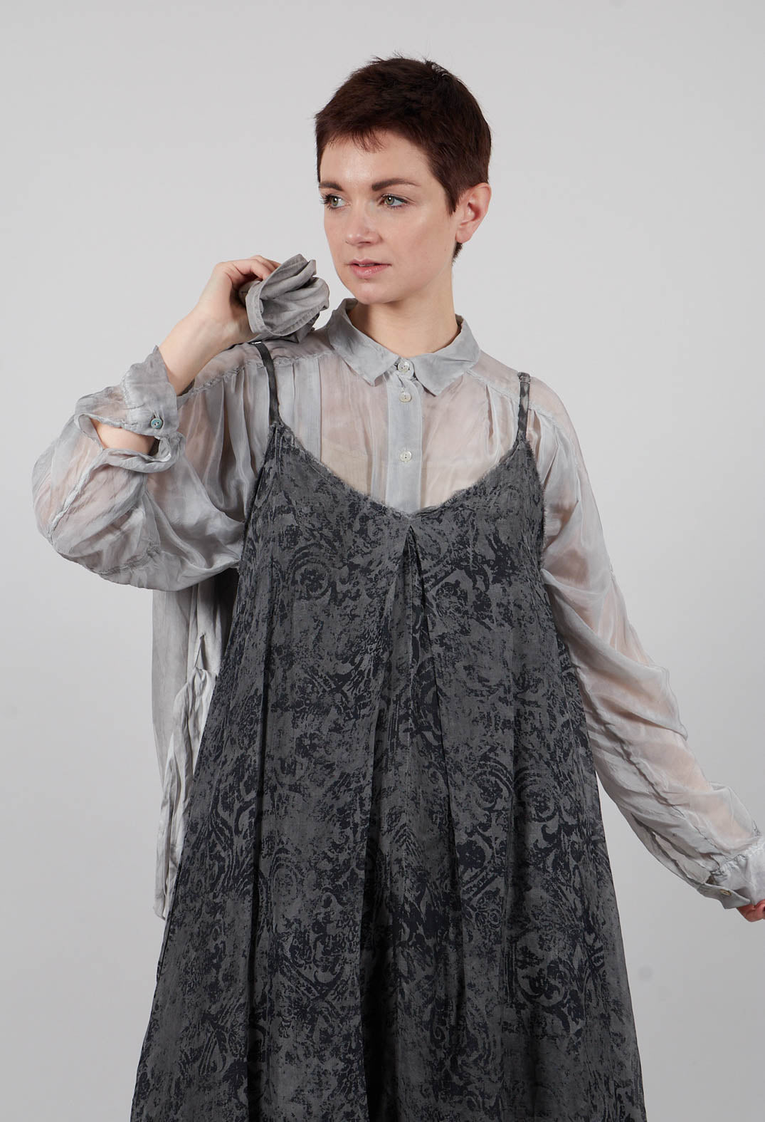 Long Dress with Asymmetric Hem in Anthracite Print