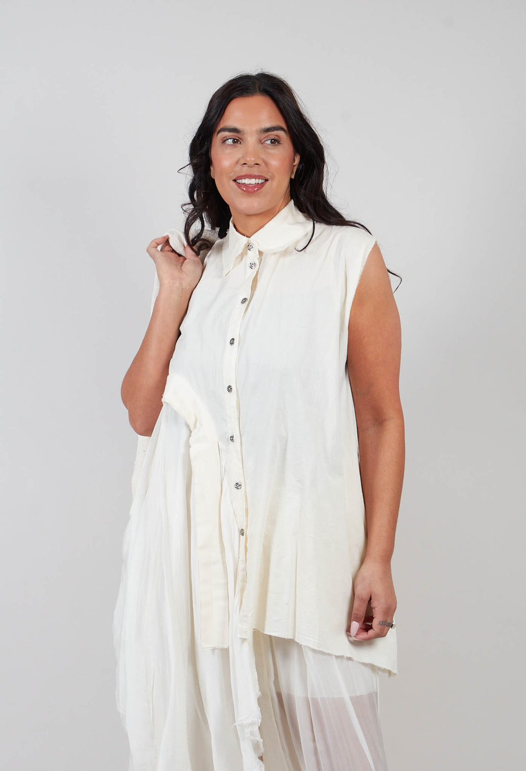 Shirt Dress with Asymmetric Hem in Antique White