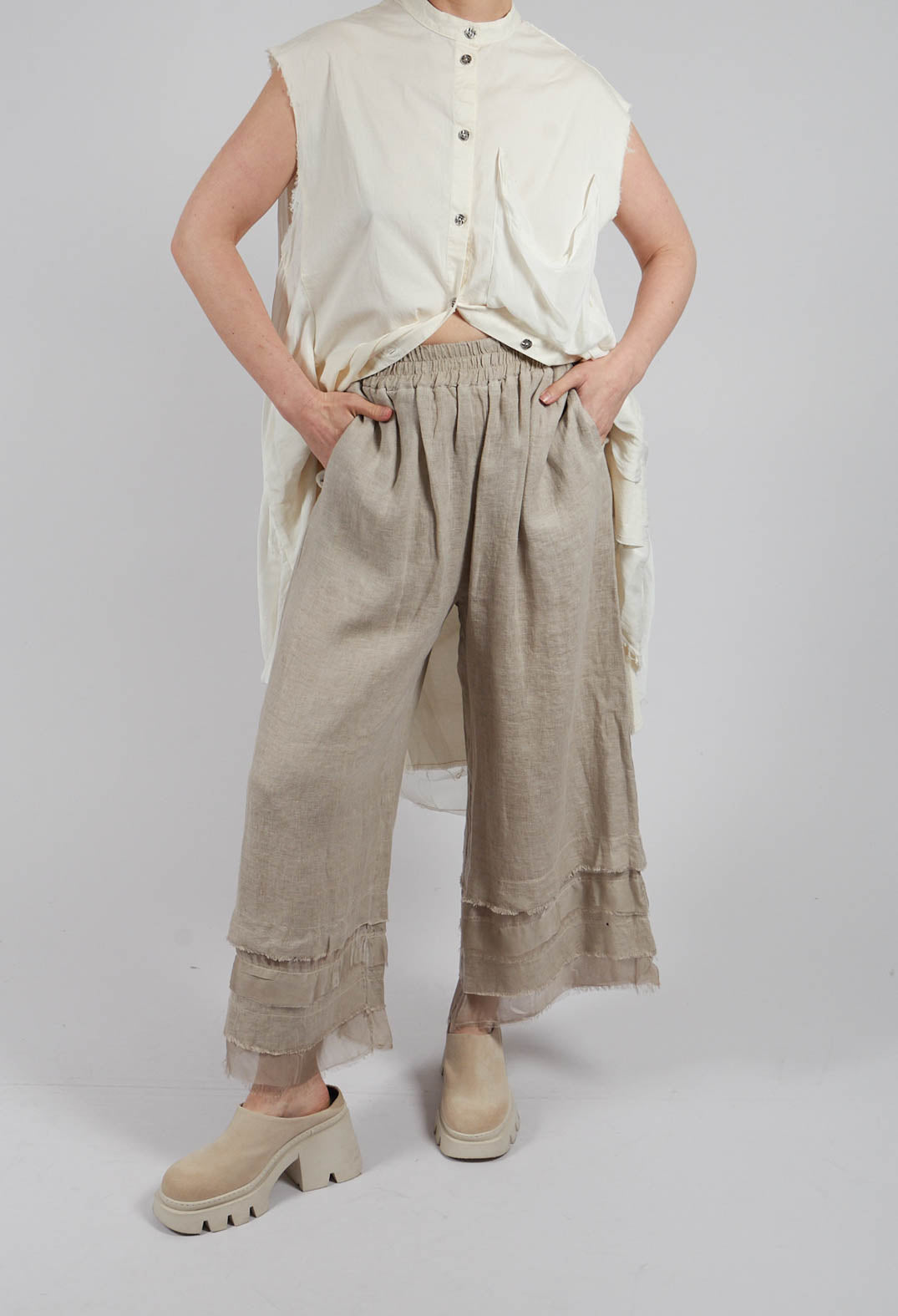 Trousers with Double Ruffle in Sand Shell