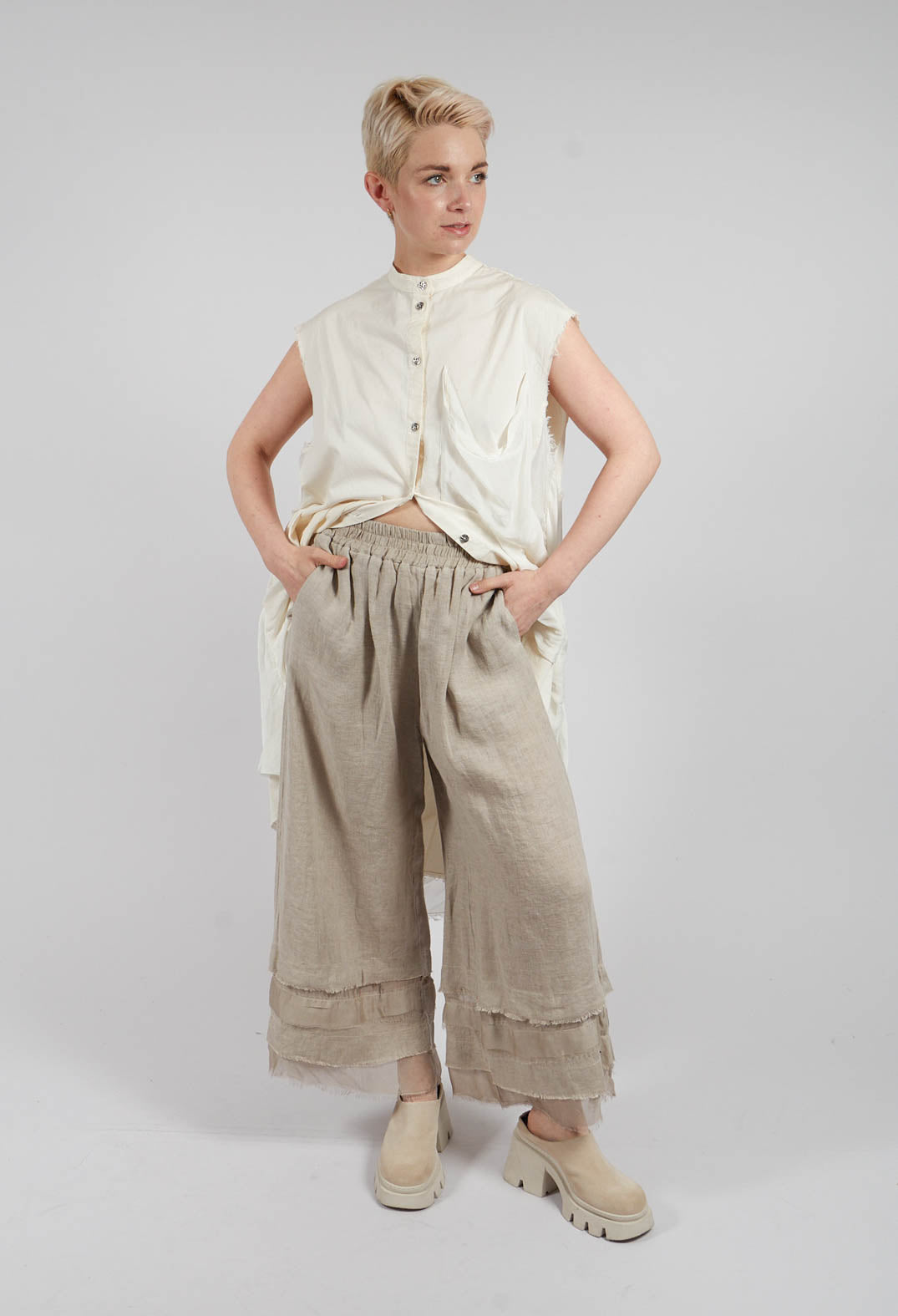 Trousers with Double Ruffle in Sand Shell