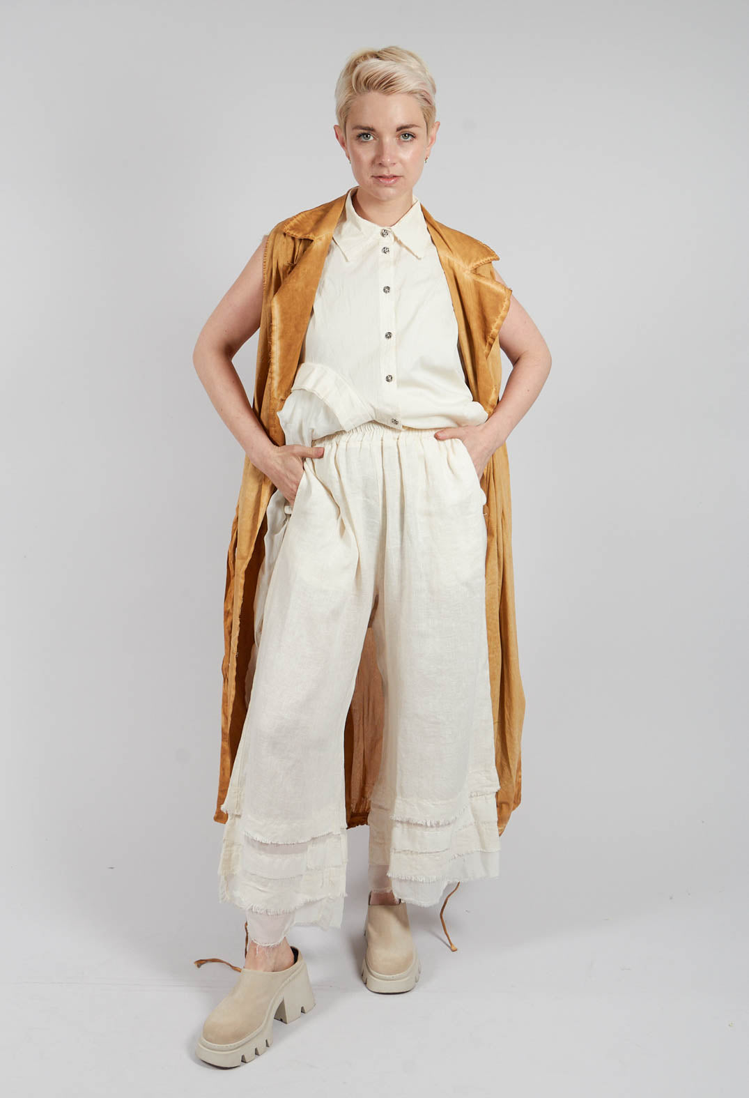 Trousers with Double Ruffle in Antique White