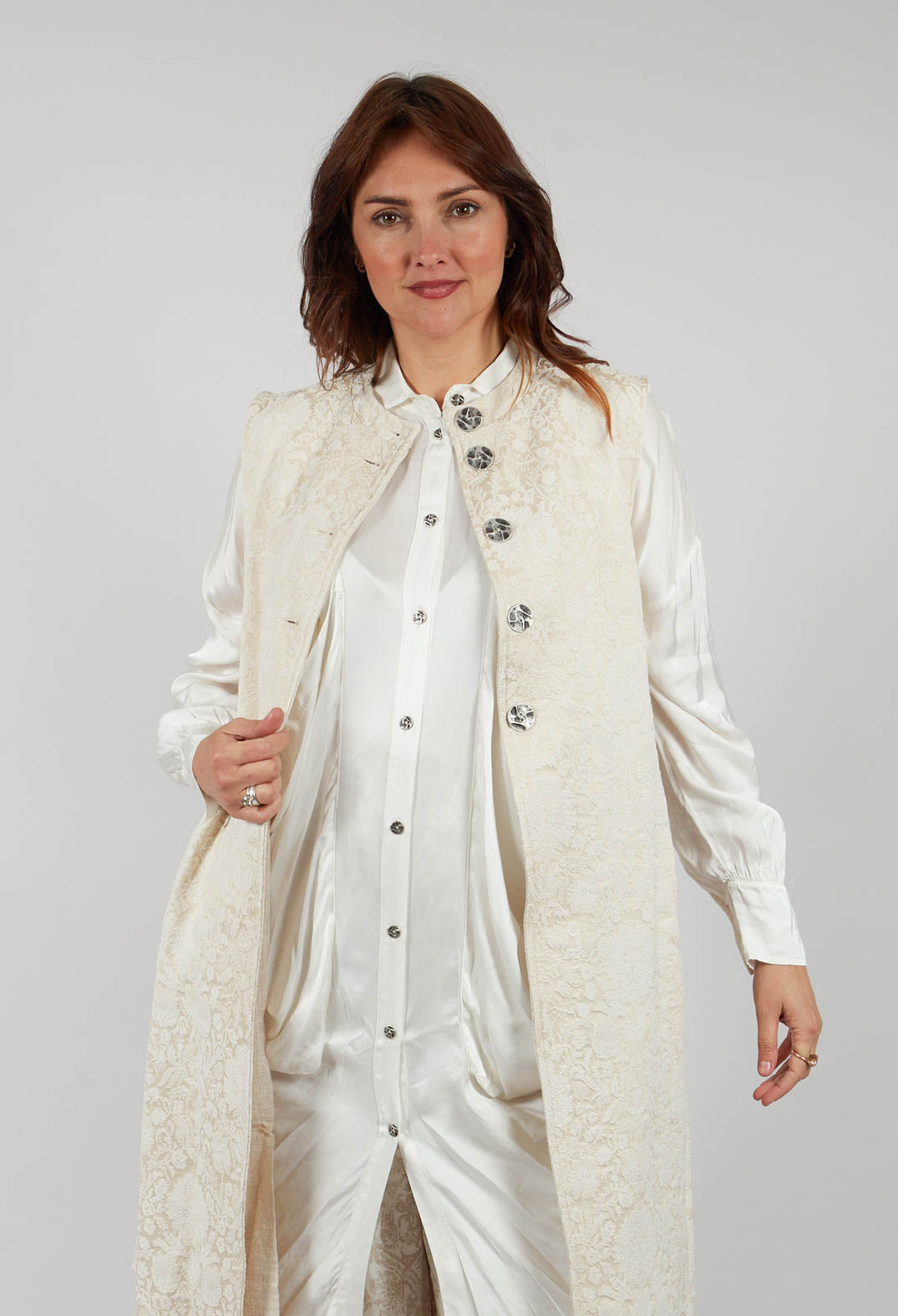 Asymmetric Long Gilet in Antique White