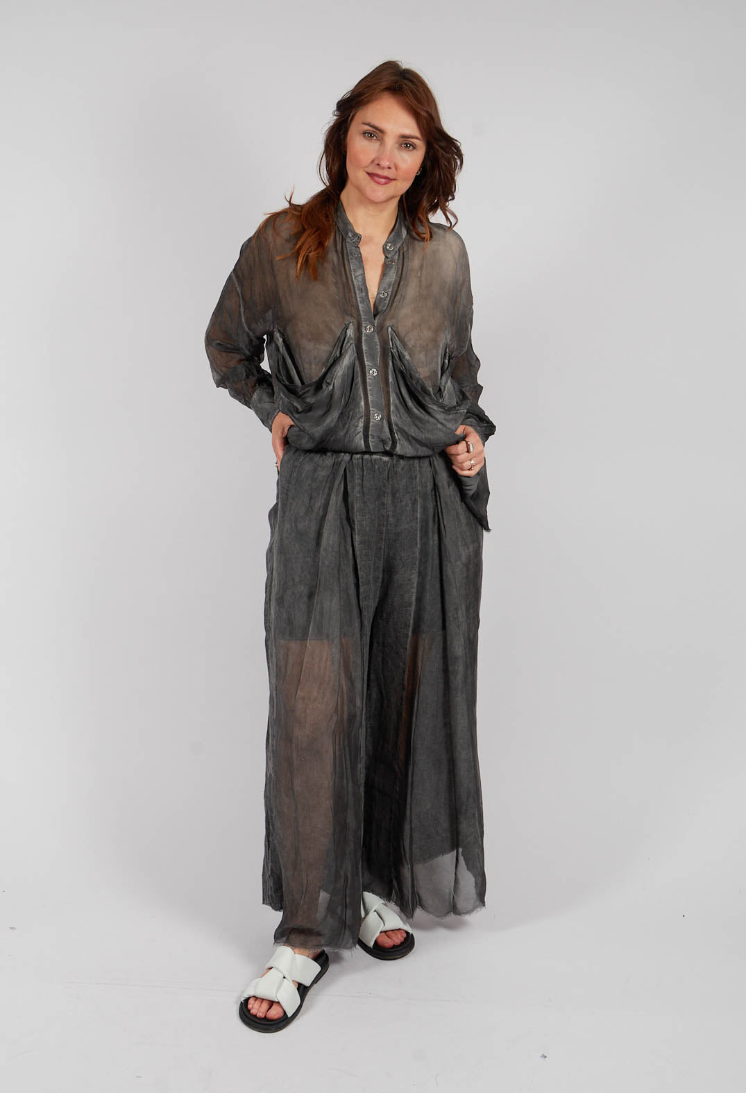 Linen Palazzo Trousers in Anthracite