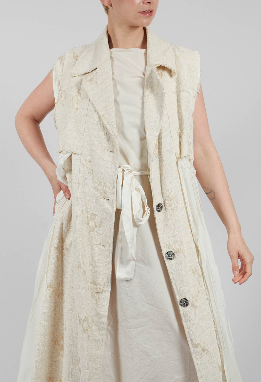 Long Jacquard Gilet in Antique White