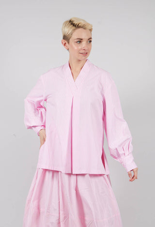 Pull On V Neck Top in Pink Stripes