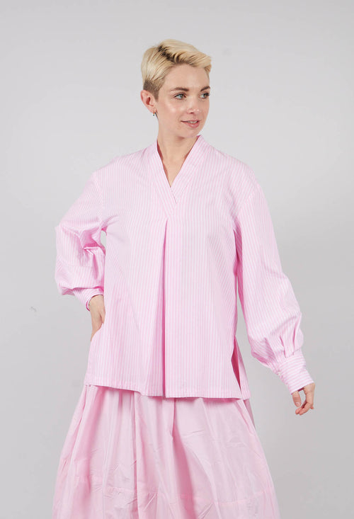 Pull On V Neck Top in Pink Stripes