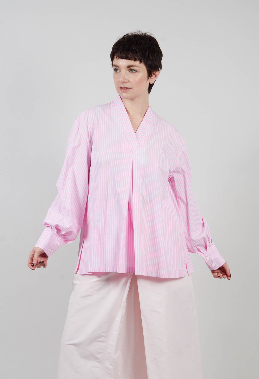 Pull On V Neck Top in Pink Stripes