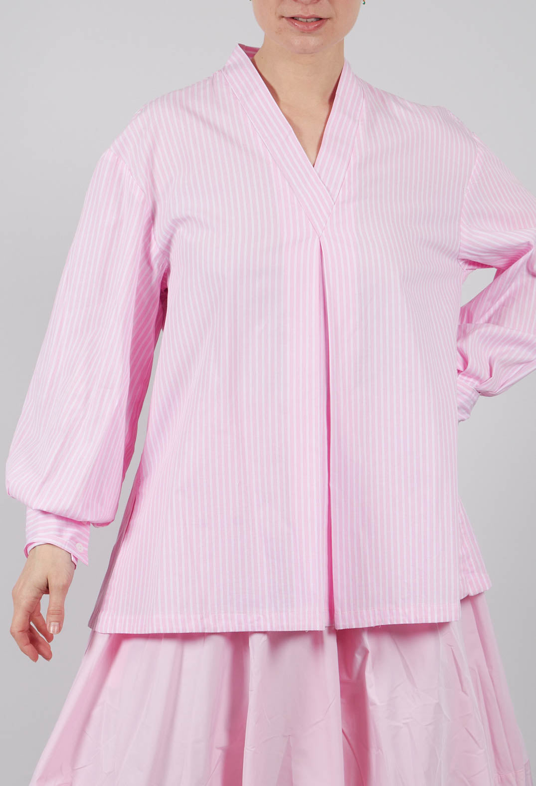 Pull On V Neck Top in Pink Stripes