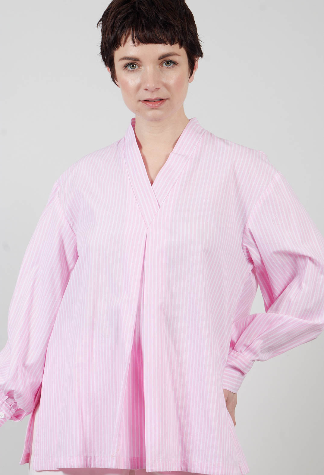Pull On V Neck Top in Pink Stripes