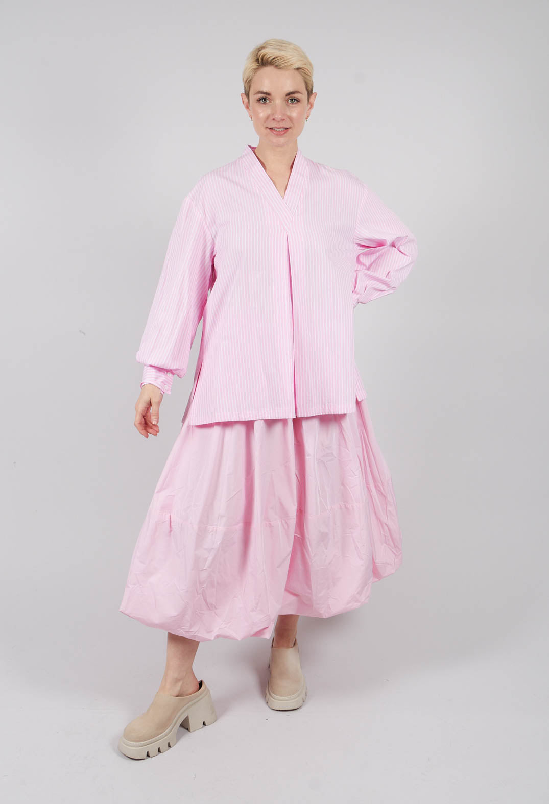 Pull On V Neck Top in Pink Stripes