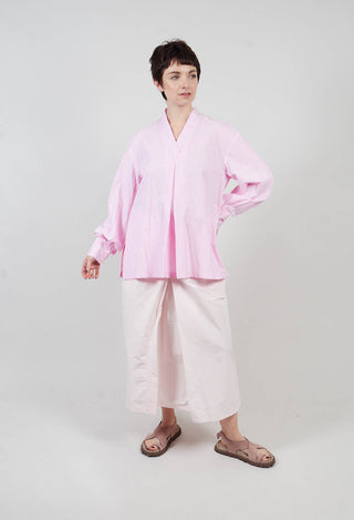 Pull On V Neck Top in Pink Stripes