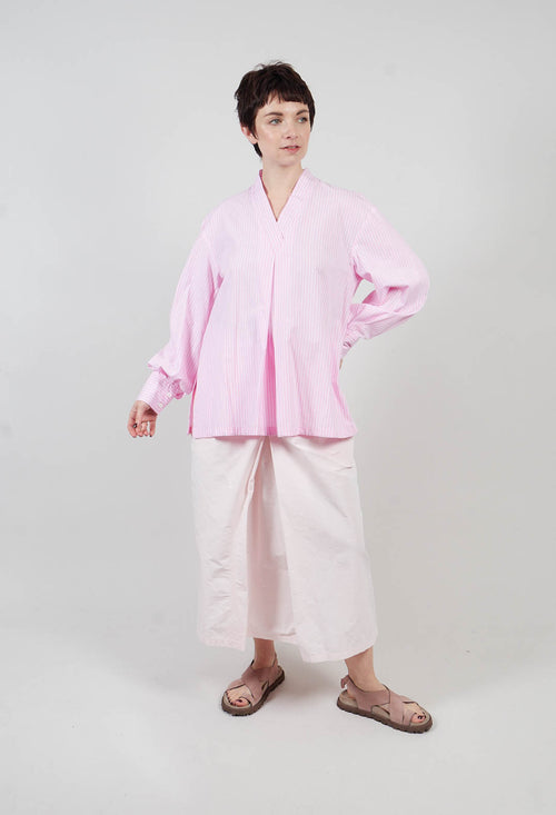 Pull On V Neck Top in Pink Stripes