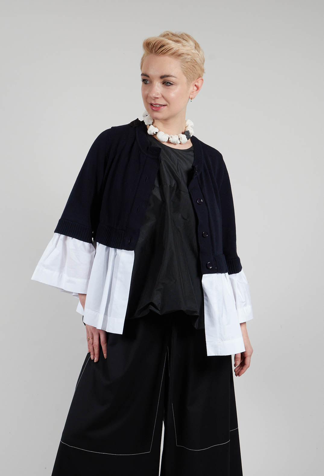 Faux Double Layer Cardigan in Polar Night and Off White